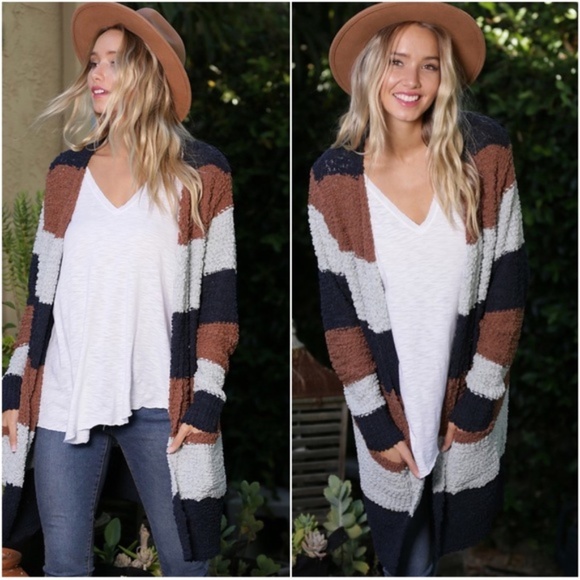 #19 Mocha Brown Color Block Stripes Popcorn Cardigan - Picture 2 of 3